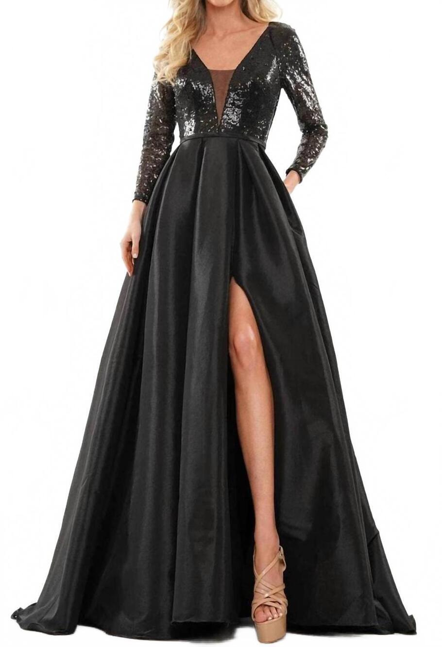 NEW COLORS DRESS sequined top pleated a-line slit gown in black